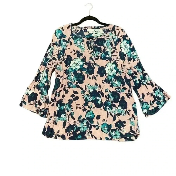 J. Jill Beautiful Blooms Mauve Floral Ruffle Sleeve Blouse Tie Neck Size M Women - Picture 2 of 8